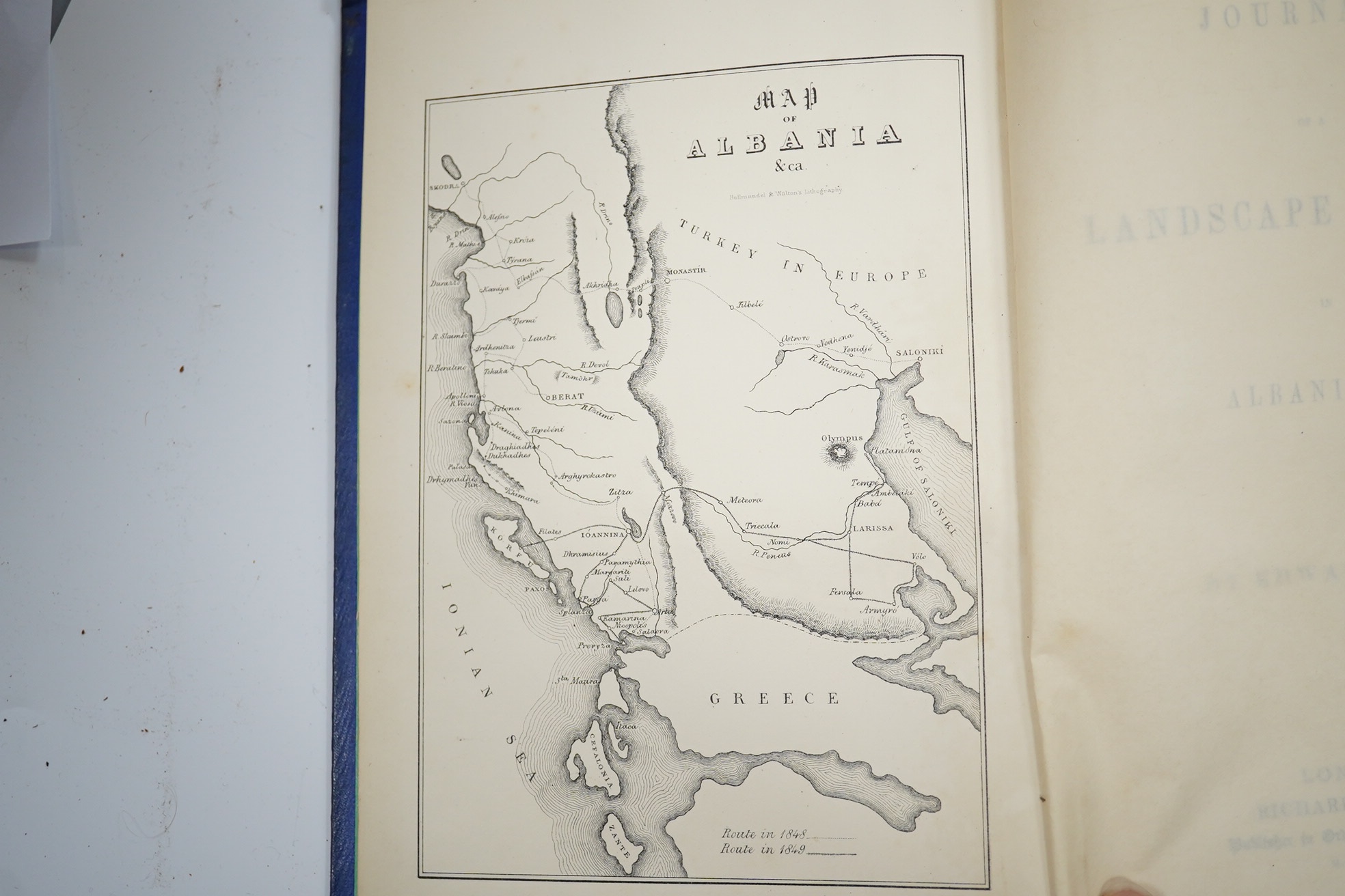 Lear, Edward - Journals of a Landscape Painter in Albania, 1st edition, original blind stamp blue cloth, gilt titles, spine bumped, small tear to upper front hinge, with litho map and 20 tinted litho plates, Richard Bent